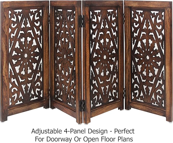 Wooden Foldable Dog Safety Gate - 4 Panels 13" W x 25" H - Hand Carved Solid Wood MDF Puppy Pet Gate - Free Standing Portable Indoor Doorway Stairs Safety Fence - Assembled - Antique Brown - IRONGATE
