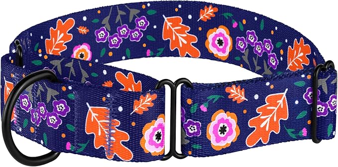 CollarDirect Martingale Collars for Dogs Heavy Duty Floral Pattern Female Safety Nylon Training Wide Collar Flower Design Large Medium (L, Neck Size 15"-20", Navy Blue)