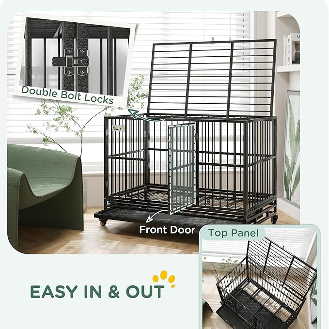 PawHut 48" Heavy Duty Dog Crate Metal Cage Kennel with Lockable Wheels, Double Door and Removable Tray, Gray