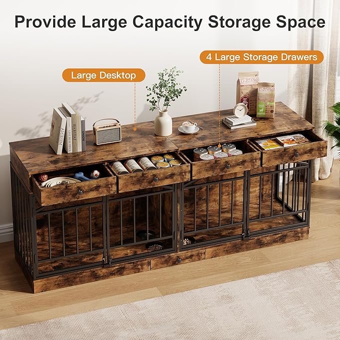 IDEALHOUSE 78.7" Double Dog Crate Furniture with Storage and 4 Doors, Dog Kennel Indoor with Feeding Bowls, Wood Dog Crate TV Stand for Small Medium Dogs, Brown