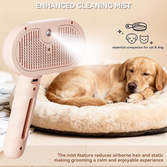 Dog Steam Brush 3-in-1 Spray Bath Brush for Dog and Cat, Pet Hair Removal Comb for Long & Short Haired Pets, Self Cleaning Grooming Brush Can Help to Comb a Pet's Fur and Remove Fleas Pink