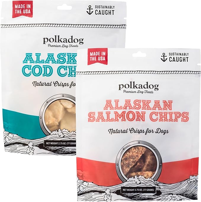 Polkadog Crunchy Alaskan Cod & Salmon Chips Dog Treats - Wild-Caught Fish, All Natural, Single Ingredient, Lean Protein & Omega-3 Rich Snacks for Dogs, Great for Allergies, Made in USA - 2.75oz (2pk)