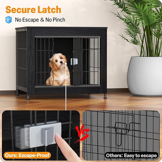 Furniture Style Dog Crate, 27" Wooden Dog Kennel End Table with Solid Top, Indoor Pet Crate House with Secure Slide Lock, Modern Dog Cage Furniture for Small & Medium Dogs, Black