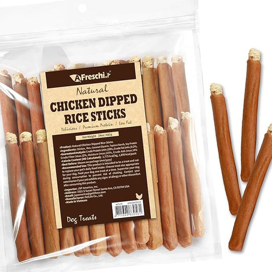 A Freschi srl Chicken Dog Treats, All Natural, Healthy & Easily Digestible, Low-Fat Puppy Chews, Human Grade Training & Rewards Dog Snacks, Rice Sticks, 24 oz Pack