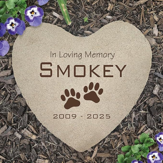 Personalized Heart Pet Memorial Stone with Paw Prints – Custom Engraved Outdoor Grave Marker for Dog or Cat Loss with Name and Dates