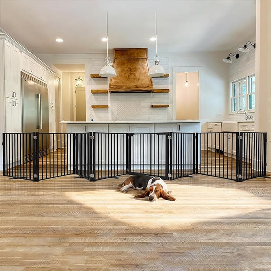 Snagle Paw Extra Wide Dog Gate,Free Standing Dog Fence with Door, Up to 208 Inch Wide Pet Gate with Support Feet for Stairs, Hallways, Doorways, Yard (Black, 8 Panels)