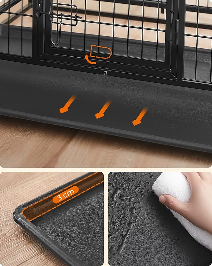 Feandrea Heavy-Duty Dog Crate, Dog Cage, 92.5 x 57.5 x 64 cm, for Small and Medium Dogs, Anti-Escape, Double Removable Door, Easy Cleaning, Pet Cage, L, Black PPD002B01