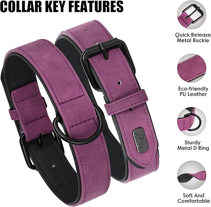 Didog Soft Padded PU Leather Dog Collar, Breathable and Adjustable Dog Collars for Small Dogs, Comfortable for Daily Walk, Purple, M Fit Neck 11-14"(10-20 lbs)