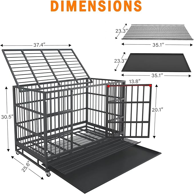38Inch Heavy Duty Dog Crate for Large Dogs, Indestructible Escape Proof Steel Kennel with Wheels for High Anxiety Dogs, Sturdy Locks Double Door and Removable Tray, Extra Large XL XXL