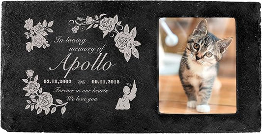 Fanery Sue Custom Cat Memorial Stones with Full Color Image, Dog Memorial Gift Garden Stones, Pet Grave Markers Personalized, All-Natural Memorial Headstone for Pet