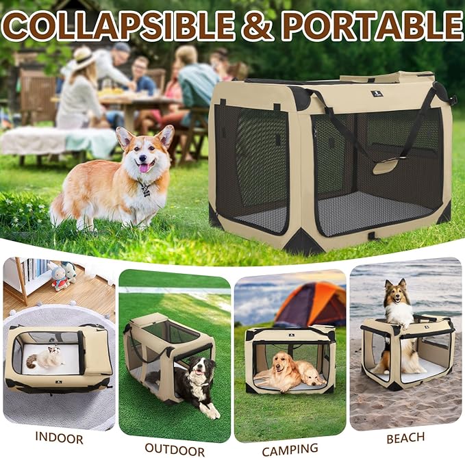 X-ZONE PET Dog Crate 3-Door Kennel, Collapsible Portable Soft Sided Pet Carriers for Indoor & Outdoor, Multiple (40-Inch, Rice White)