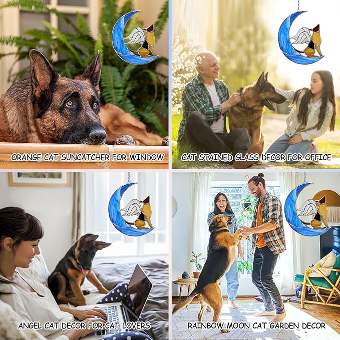 Dog Memorial Gifts for Loss of Dog - Pet Memorial Gifts for Dogs-Angel German Shepherd on Blue Moon Stained Glass Window Hanging, Dogs Passing Away Sympathy and Remembrance Comforting Pet Loss Gifts