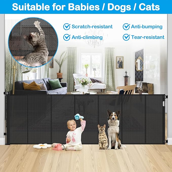 Reinforced Bottom 42" Extra Tall x 100" Extra Wide Retractable Baby/Pet Gate - Black Mesh - Wall Mount - Suitable for Babies, Dogs, Cats (6-24 months) - HH-A126