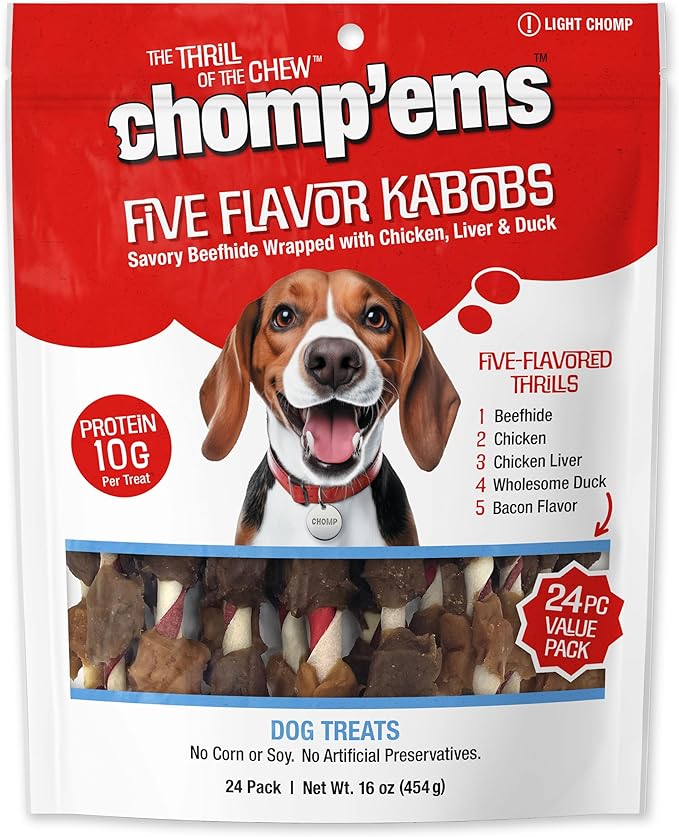 CHOMP 'EMS Five Flavor Kabobs Dog Treats - Beefhide Chewstick - High Protein Dog Chews, 24 Count, 16 oz,454g