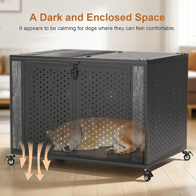 42" Heavy Duty Dog Crate Furniture for Large and Medium Dogs, Enclosed Design with 0.5 inch Holes, Indestructible Metal Kennel for High Anxiety Dogs, Chew Proof Pet House Cage Indoor