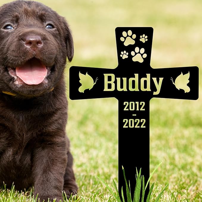 Custom Pet Paws Dog Memorial Cross Grave Marker, Personalized Pet Metal Memorial Stake for Cemetery Yard, Sympathy Grave Marker for Dog with Paws, Memorial Plaque Cemetery Garden Stake
