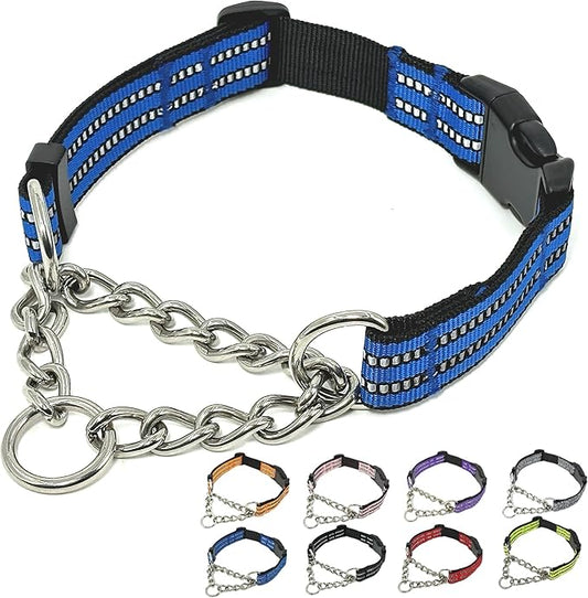 Martingale Dog Collars, Reflective Nylon Collar with Stainless Steel Chain, Adjustable Walking Training Dog Collars with Quick Release Buckle, Suitable for Small Medium Large Dogs(Blue,XL)
