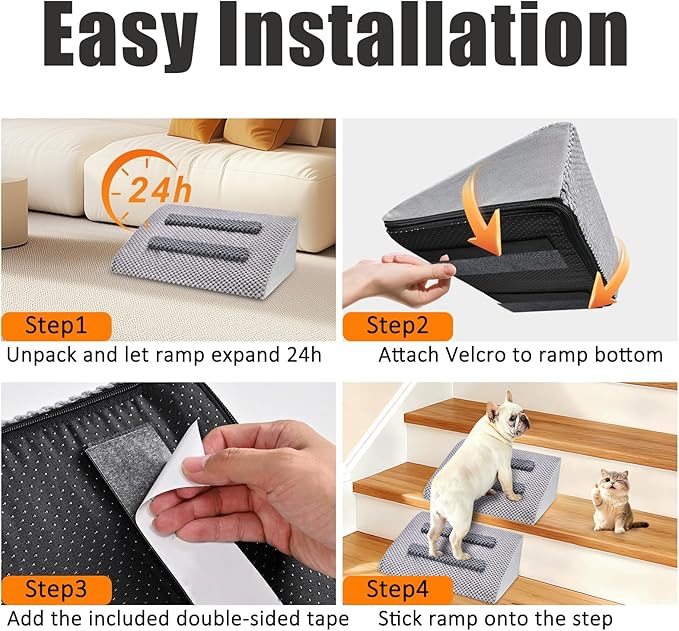 Dog Ramp for Stairs with Anti-Slip Bump for Small & Senior Dogs and Cats – Stair Wedges for Dogs with Gentle Slope, Pet Ramp with Washable Cover & Self-Sticky Pads for Safe Climbing (Gray, 1 Pack)