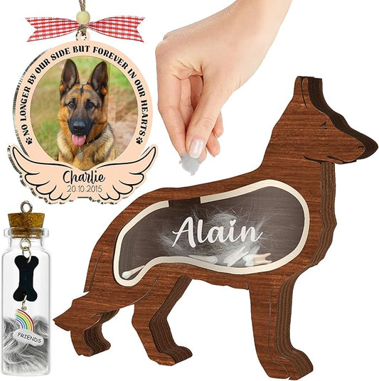 Personalized Dog Hair Keepsake Box Wooden Pet Fur Gift for Dog Cat Unique Gift Dog Shape Standable Tabletop Art Decor Pet Memorial Idea Gift for Pet Parents Family Friend Storing Hair Teeth Ashes