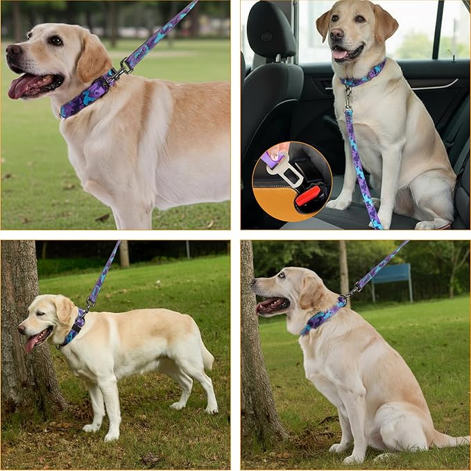 Annchwool Adjustable Dog Collar and 5FT Leash Set with Heavy Duty Metal Buckle–Comfortable Lining Collar &Dual-Handles for Medium Large Dogs Walking,Running,Car Travel (Camo Purple Set,XL:22''-30'')