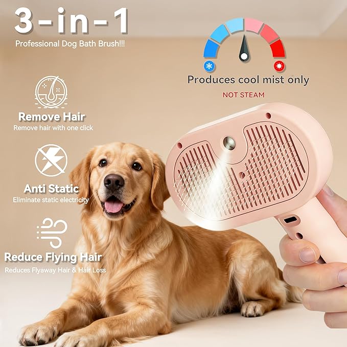 Dog Steam Brush 3-in-1 Spray Bath Brush for Dog and Cat, Pet Hair Removal Comb for Long & Short Haired Pets, Self Cleaning Grooming Brush Can Help to Comb a Pet's Fur and Remove Fleas Pink