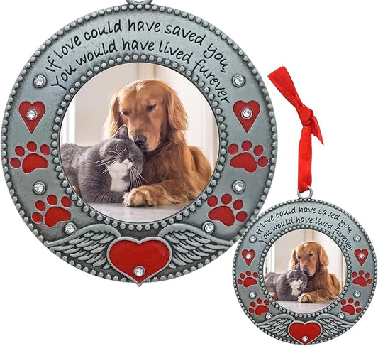 Pet Memorial Ornament - Custom Ornaments - Dog or Cat - Enameled & Jeweled with Red Hearts, Angel Wings & Paw Prints - Furever in My Heart - Gift Storage Bag Included - 3" D - Holds a 2" D Photo