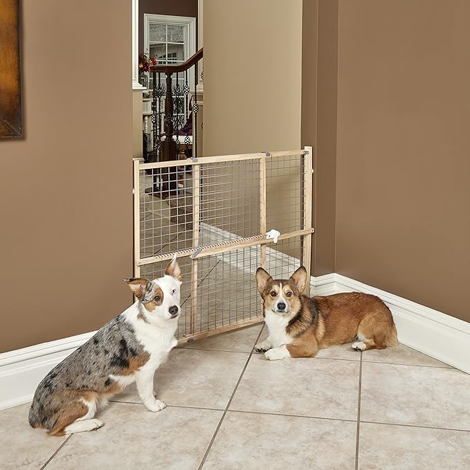 New World Wire Mesh Pet Safety Gate, Dog Gate Expands to 50 Inches Wide, 32 Inches Tall, No Damage to Walls, Natural Wood and Powder Coated Wire
