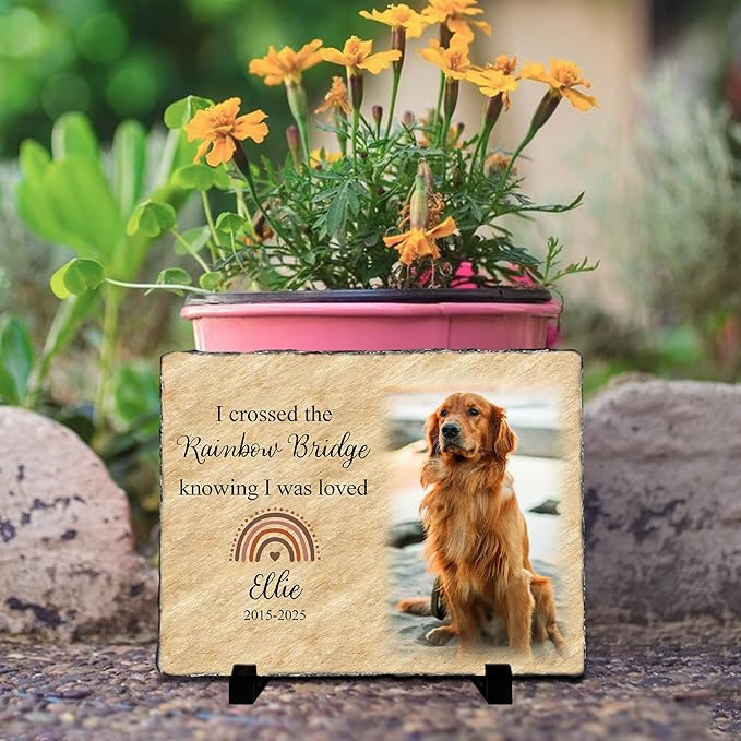 Personalized Dog Memorial Stone | Rainbow Bridge Pet Remembrance Gift for Loss of Beloved Companion | Custom Photo Grave Marker for Dogs | Outdoor- Indoor Animal Tribute Keepsake