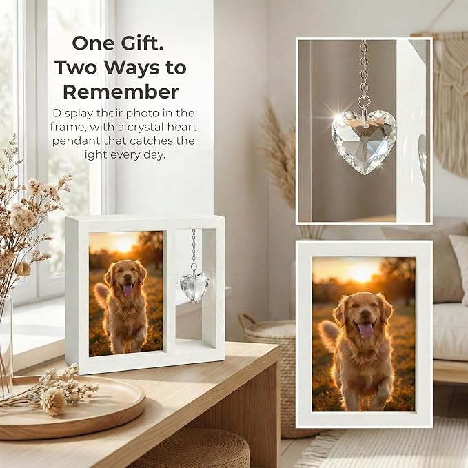Dog Memorial Gift for Loss of Dog – 4x6 Wooden Photo Frame with Crystal Heart Suncatcher, Pet Memorial Picture Frame Keepsake