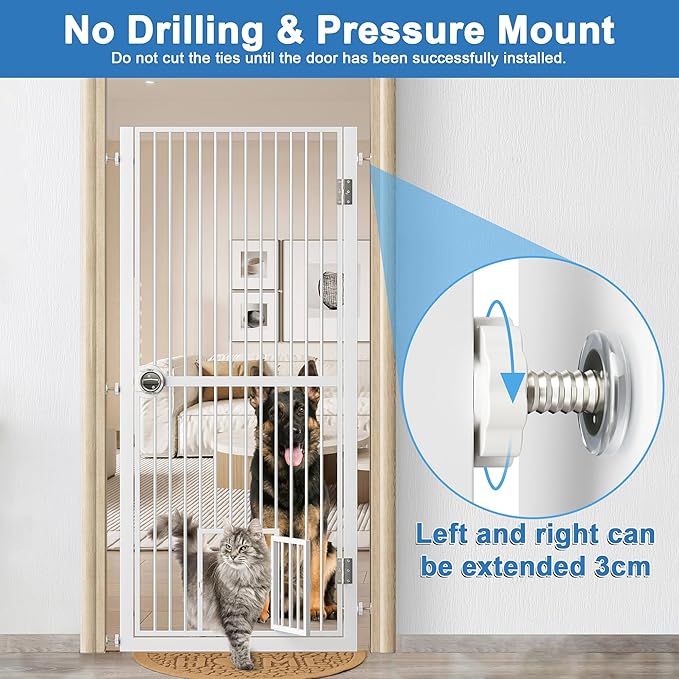 61" Extra Tall Cat Gate for Doorway, 34.3"-36.7" Adjustable Wide Dog Door with Cat Door, 1.37" Gap for Pet Gates, Suitable for Doorways or Kitchen, No Drilling Pressure Mount Kit, White