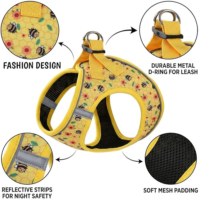 Step in Dog Harness and Leash Set, Reflective Adjustable No Pull Dog Harness for Small Medium Dogs Puppy and Cats, Soft Padded Mesh Vest Harnesses for Girl and Boy Pets(Bee,L)