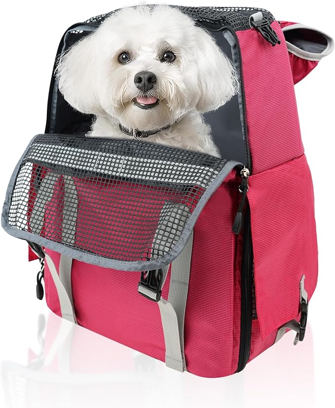 Cat Dog Backpack Carrier for Hiking Travel Portable Pet Daypack for Dog Cat Below 7kg/15.5lbs -Peach Red