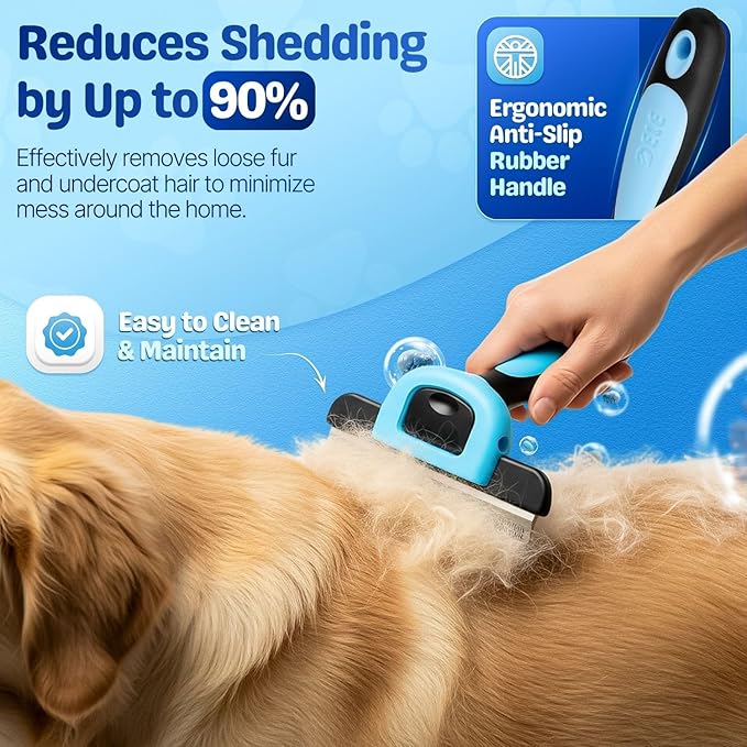 Flexzion Deshedding Dog Brush for Short Haired Dogs & Cats - Stainless Steel Dog Brush for Shedding Short Hair Pets Small, Medium, & Large - Professional Pet Grooming Comb Tool w/Safety Blade, Blue