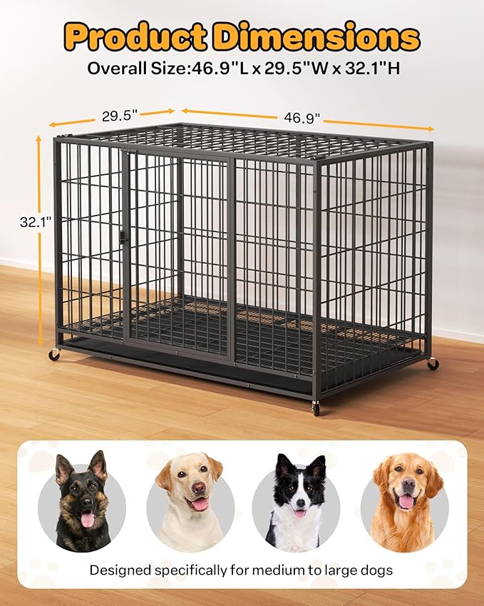 48 Inch Large Dog Crate, Escape Proof Dog Cage with Dual Door Lock and Swivel Casters,Removable Tray for Easy Cleaning, Dog Kennel Indoor Outdoor Use