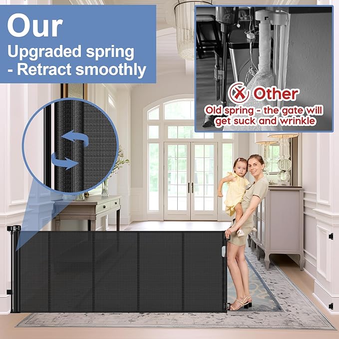 Reinforced 90 Inch Retractable Baby Gates Extra Wide Baby Gate with Reinforced Strips, 7.5ft Long Retractable Dog Gate for The House 33 Inch Tall Extra Long Pet Gates for Wide Openings, Black