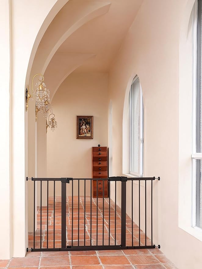 29"-57" Baby and Pet Safety Gate, 30" Tall Metal Walk-Thru Gate for Doorways & Stairs, Easy One-Hand Open, Dual Lock, Extensions & Wall Mounts Included (Black, 29"-57" W x 30.5“H)
