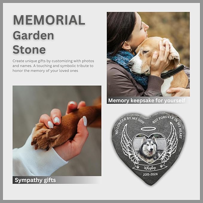 Wrappiness Pet Memorial Stone - No Longer by My Side Forever in My Heart, Personalized Dog Memorial Gifts, Remembrance Condolences Bereavement Gifts for Loss of Pet Custom Photo (Heart 04, Stone)