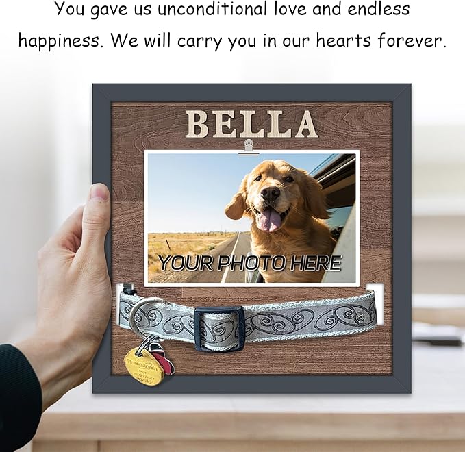 Pet Collar Memorial Shadow Box Dog Picture Frame 9.2""x9.2"", Cat or Dog Memorial Gift Pet Sympathy Remembrance Gift Keepsake DIY Name for Multi Sizes Dogs, wood, HN0EPMF-BL10