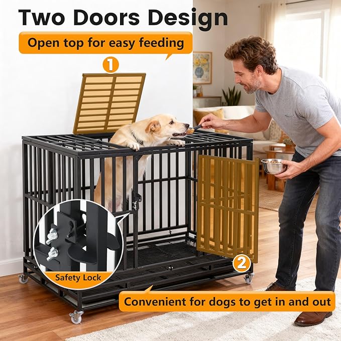BestPet 49 Inch Heavy Duty Indestructible Dog Crate Dog Kennel Large Dog Crate Indoor Outdoor Dog Cage with Lockable Wheels Removable Tray and Double Doors Ideal for Medium and Large Sized Dogs