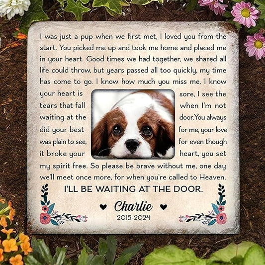 Wrappiness Pet Memorial Stone - I Will Be Waiting at Door, Personalized Dog Memorial Gifts, Remembrance Condolences Bereavement Gifts for Loss of Pet Custom Photo (Square 02, Stone)