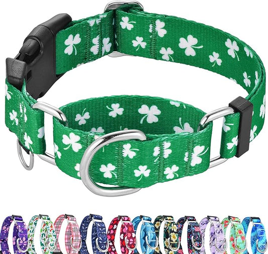 St.Patrick's Day Martingale Collar for Dogs with Buckle Adjustable Shamrock Spring Holiday Dog Collar (Clover, Medium)