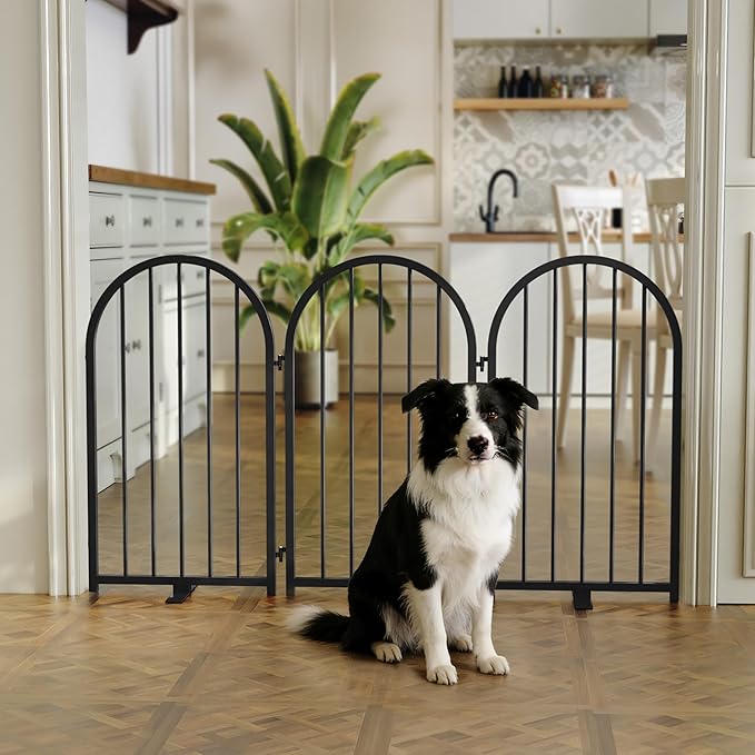 Full Metal Dog Gate for Indoor Outdoor, 32" Tall Free Standing Pet Dog Fence, 54" Wide Arched Pet Gates for Stairs, Hallways, Doorways, Kitchen, Decks, Yards (Black, 3 Panels)