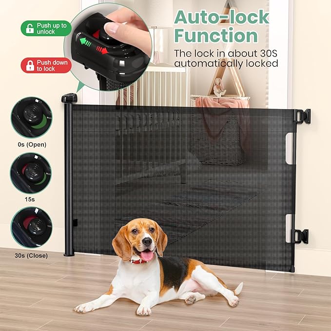 HAMOPY Retractable Baby Gates, 33" Tall, Extends up to 71" Extra Wide Baby Gate, Durable Auto-Lock Mesh Dog Gate, Pets and Child Safety Gates for Stairs, Doorways, Hallways, Indoor, Outdoor(Black)
