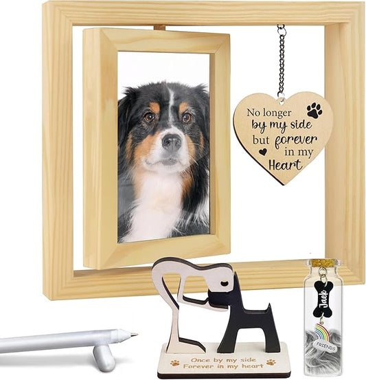 Pet Memorial Gift for Dogs, Natural 360 Rotating Wooden Picture Frame 4x6 Photo, Pet Hair Keepsake Fur Jar Rainbow Bridge , No Longer By My Side But Forever in My Heart, Animal Loss Gift PR-3N