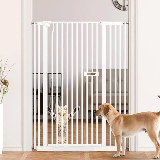 55.1" Extra Tall Cat Gate for Doorways, Dog Gate Indoor for Stairs/Hallways/Kitchen, 34-38.1" Wide Include 4.13" Extension Kits, No Drilling Auto Close High Pressure Mounted, White