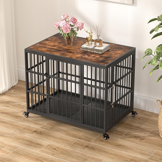 VERIFURTY 36 Inch Heavy Duty Dog Crate Furniture with Self-Locking Latch for Medium and Large Dogs, Escape-Proof Dog Kennel Furniture Indoor, Decorative Pet Cage End Table, Rustic Brown