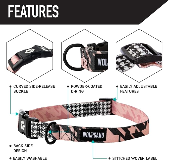Wolfgang Heavy Duty Martingale Dog Collar with Quick Release Nylon Buckle for Walking & Training, HoundsPink Print, Large