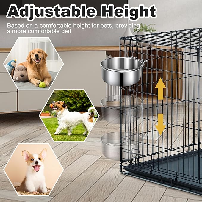 Crate Dog Bowls, Removable Stainless Steel Dog Bowls for Food and Water, Pet Kennel Hanging Food Water Feeder Station for Small/Medium/Large Pets, (7.1"x3.7" & 6.3"*2.6", Silver)
