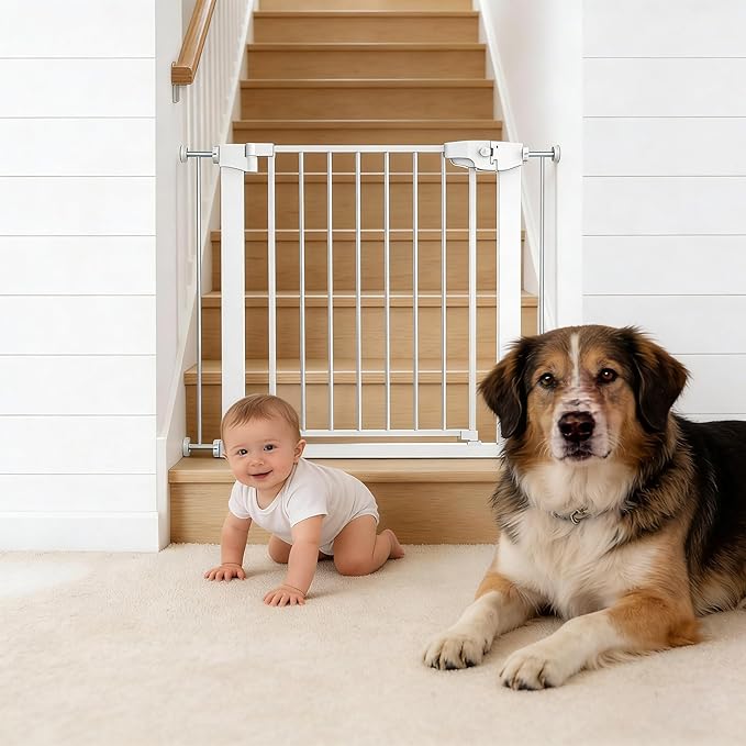 Easy Step Walk-Thru Baby Gate – Adjustable Safety Gate for Babies & Pets, Pressure Mount Kit, Includes Wall Cups – 29.7-32W x 30.5H, Auto-Close White