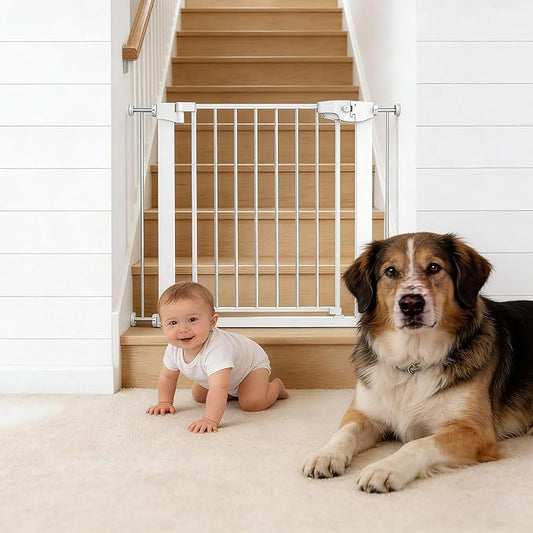 Easy Step Walk-Thru Baby Gate – Adjustable Safety Gate for Babies & Pets, Pressure Mount Kit, Includes Wall Cups – 29.7-32W x 30.5H, Auto-Close White